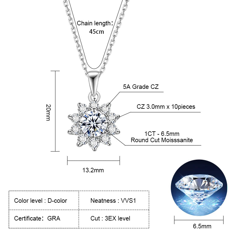 925 Silver Necklace With Real -D- Color Moissanite, 1 Carat