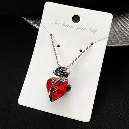 Black Rose and Red Heart Jewelry Necklace