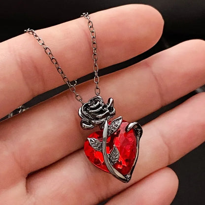 Black Rose and Red Heart Jewelry Necklace