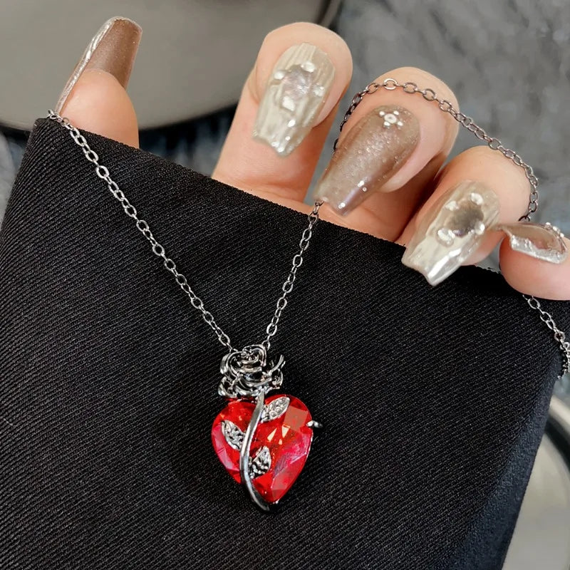 Black Rose and Red Heart Jewelry Necklace