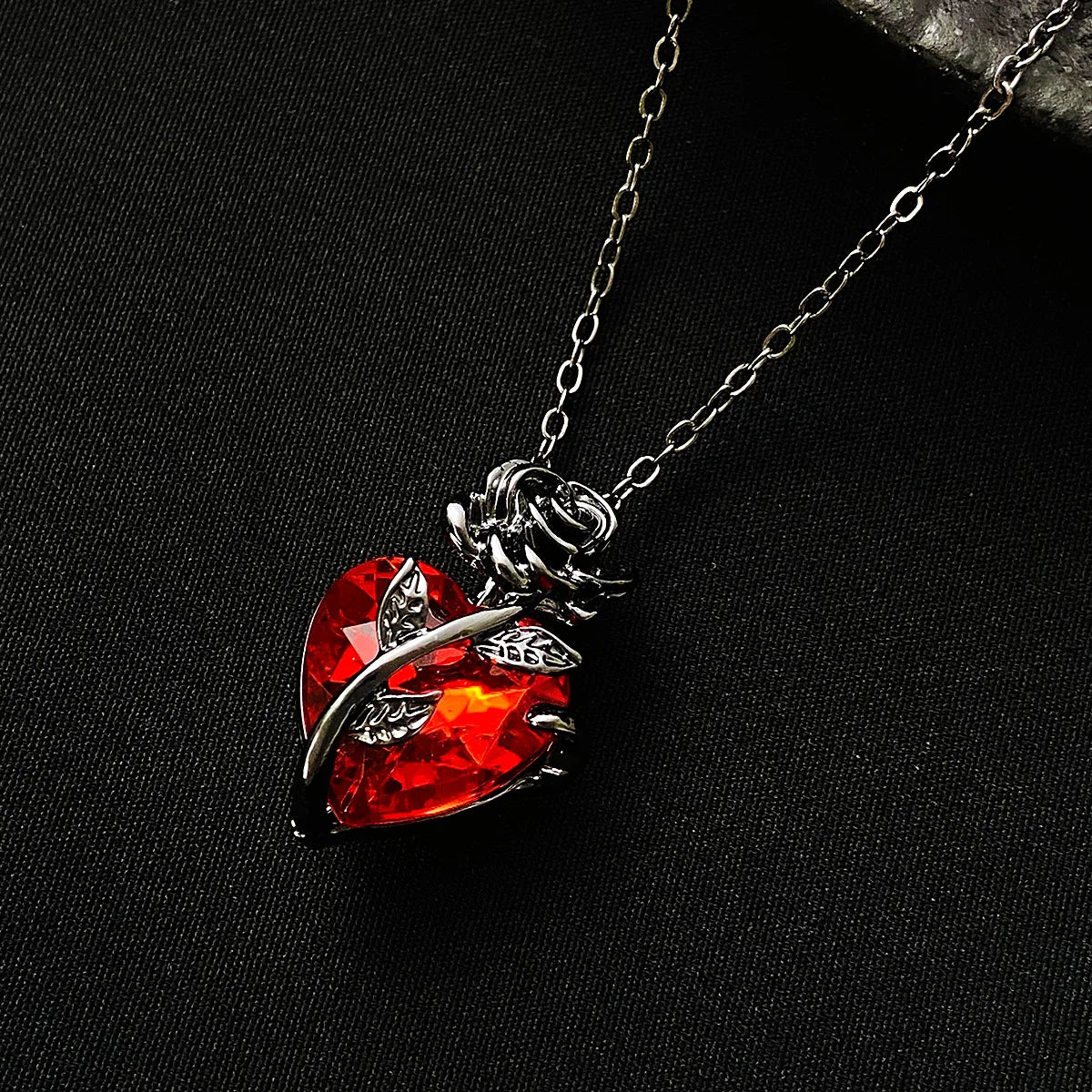 Black Rose and Red Heart Jewelry Necklace