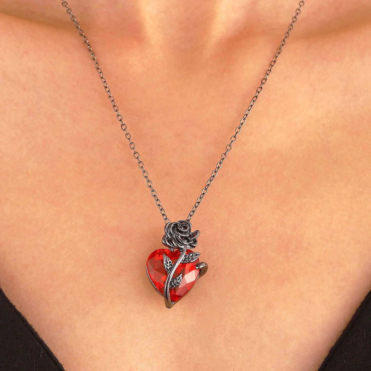 Black Rose and Red Heart Jewelry Necklace