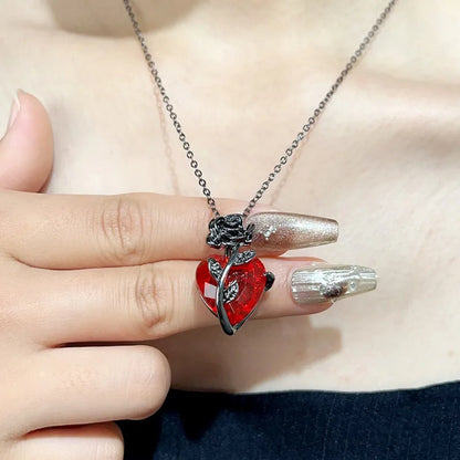 Black Rose and Red Heart Jewelry Necklace