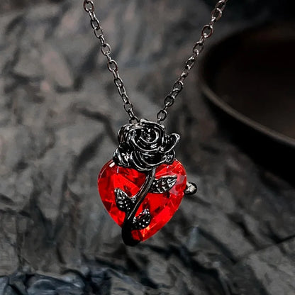 Black Rose and Red Heart Jewelry Necklace