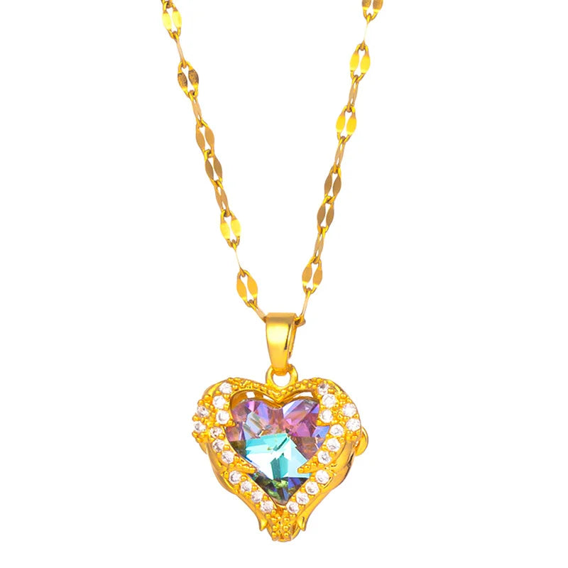 Ocean Heart Necklace with Heart Angel Wings, Crystal Pendant Chain Necklace