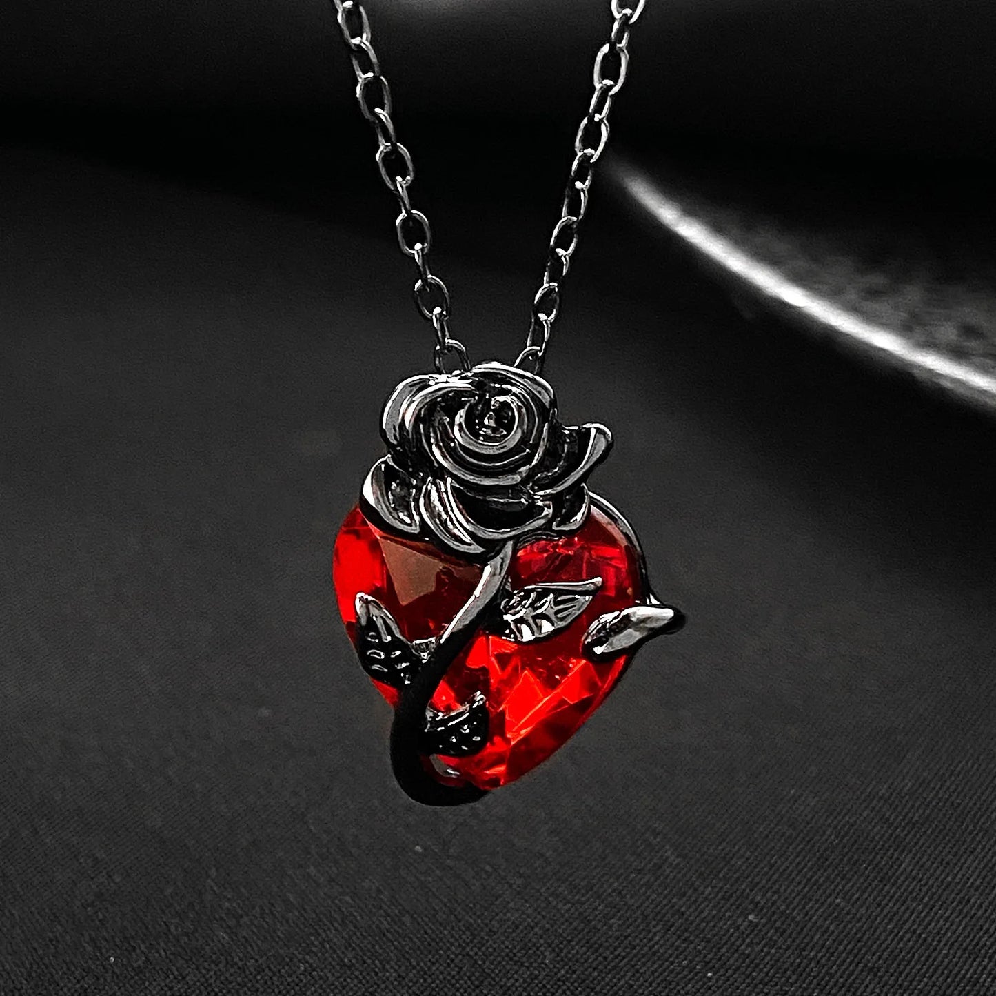 Black Rose and Red Heart Jewelry Necklace