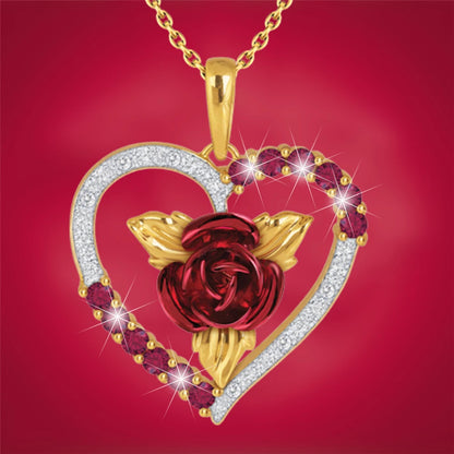 Romantic Heart Shaped Rose Pendant Necklace, Red and White Rhinestone