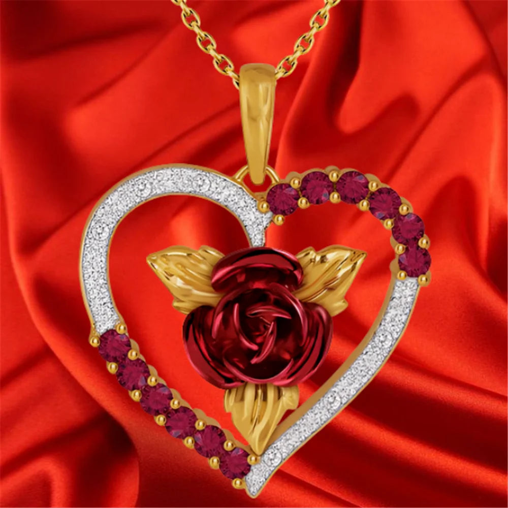 Romantic Heart Shaped Rose Pendant Necklace, Red and White Rhinestone