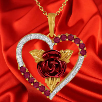 Romantic Heart Shaped Rose Pendant Necklace, Red and White Rhinestone