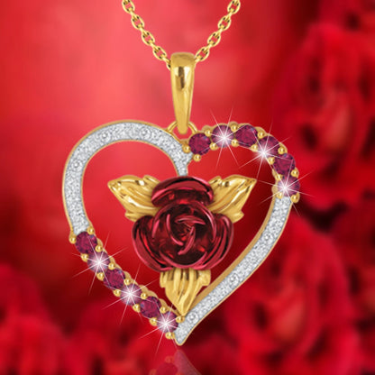 Romantic Heart Shaped Rose Pendant Necklace, Red and White Rhinestone