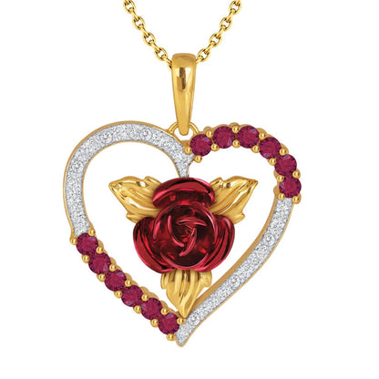 Romantic Heart Shaped Rose Pendant Necklace, Red and White Rhinestone